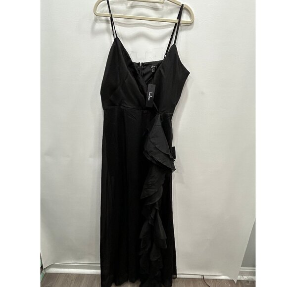 NEW Lulus Black V Neck Ruffle Trim Sleeveless Elegant Long Evening Dress Size XL - Picture 2 of 12